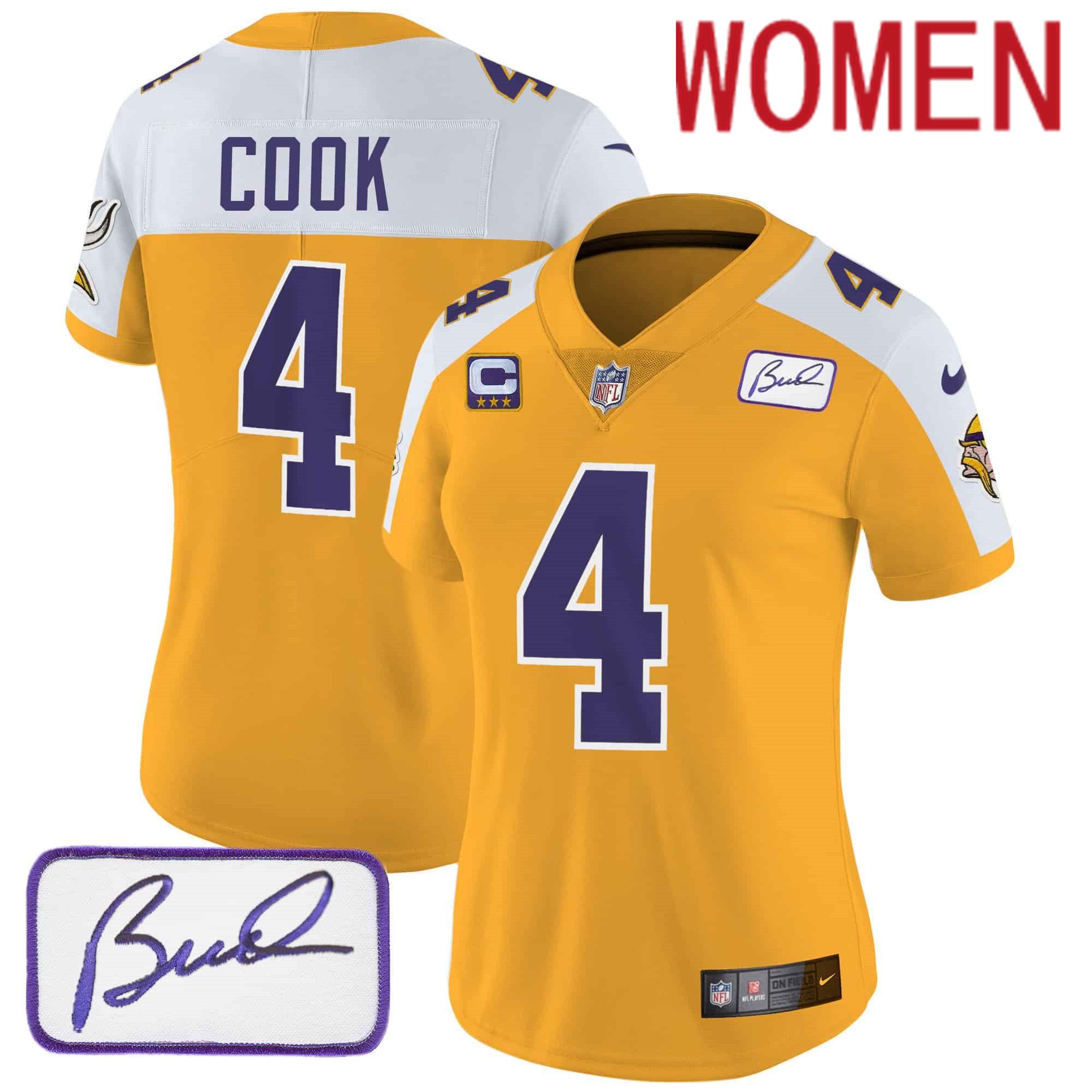 Women Minnesota Vikings 4 Cook Yellow 2024 Nike Bud Grant Patch Classic Limited NFL Jersey style 1